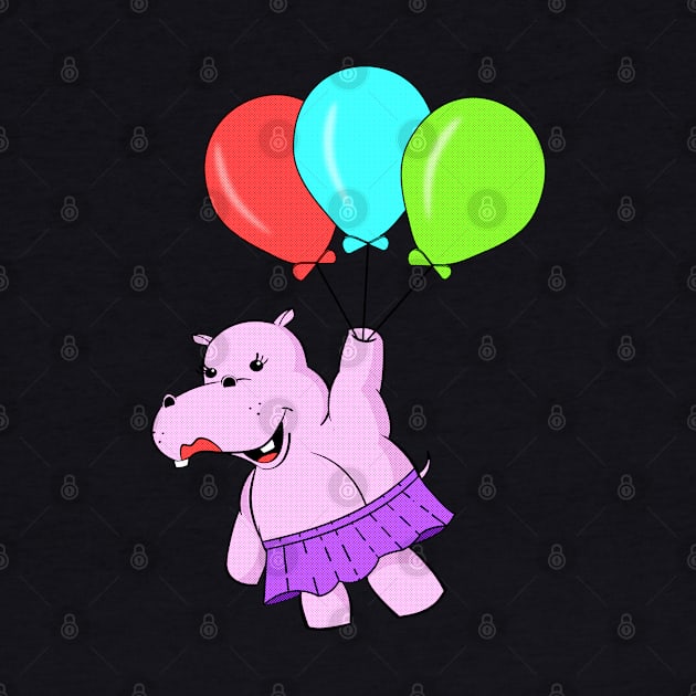 Cute Cartoon Hippo Flying With Balloons by Braznyc